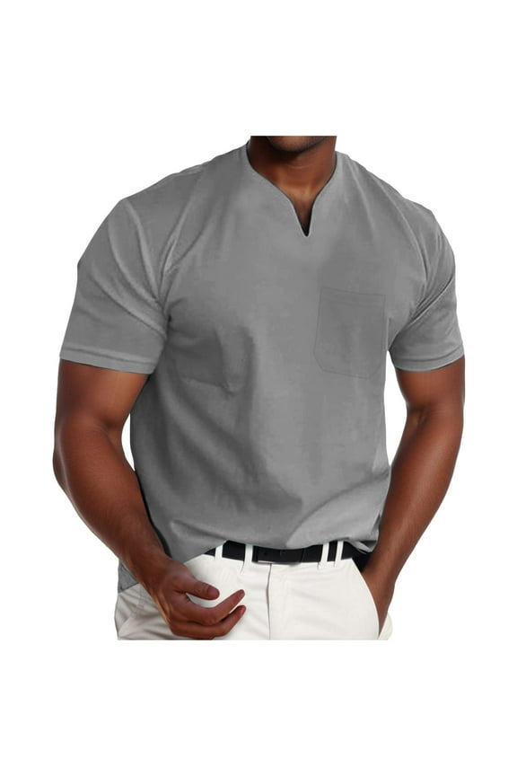 Men's Pocket Split Neck Tee Slim Short Sleeve V Neck Pullover Tops Breathable Casual office Tees Shirts