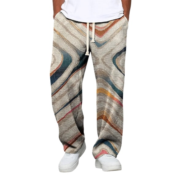 XIAONU Men's Retro Wave Print Drawstring Pants Oversized Fit Full Length Elastic Waist Breathable Lounge Trousers