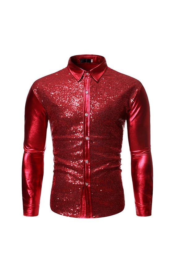 Men's Sequin Leather Sleeve Shirt Long Sleeves Collared Button Down Top Shimmery Glam Party Shirts