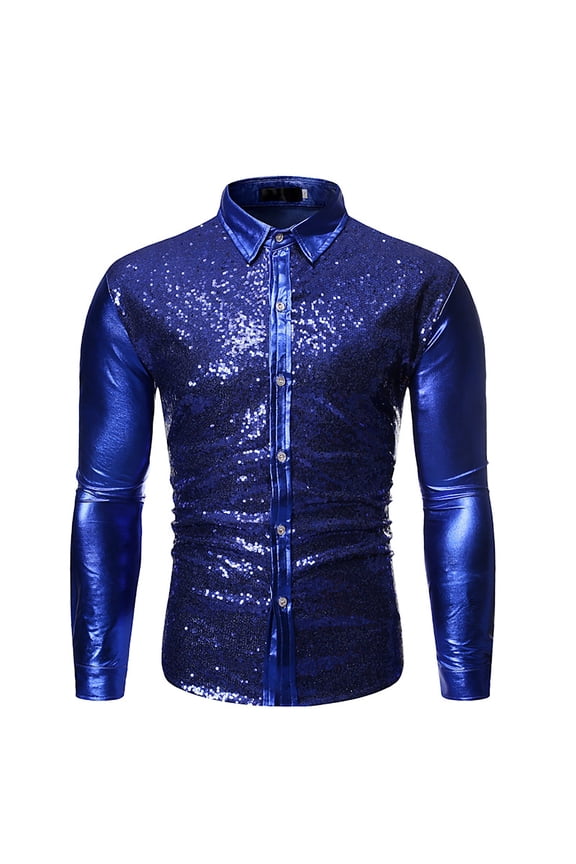 Men's Sequin Panel Button Down Shirt Slim Fit Leather Long Sleeve Pullover Top Shiny Glamorous Party Club Wear