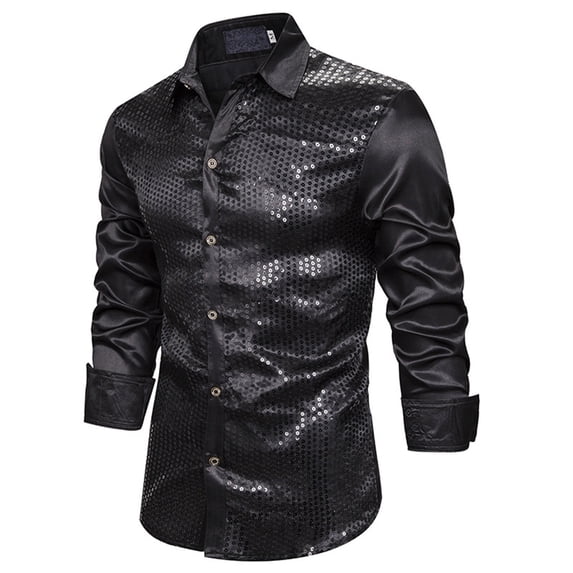 XIAONU Men's Sequin Satin Shirt Regular Fit Long Sleeve Collared Buttoned Pullover Top Shiny Party Nightclub Wear Blouse