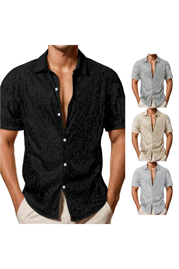 Men's Sequin Turn Down Collar Button Down Shirt Short Sleeve Slim Fit Casual Shirts Night Club Party Stage Wear Top