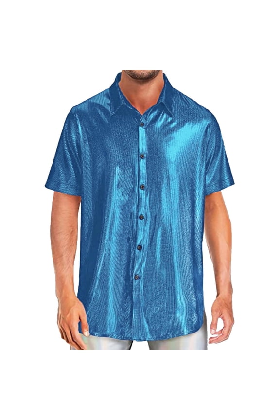 Men's Shiny Metallic Button Up Shirt Short Sleeve Spread Collar Top Eye-Catching Party Style Blouse
