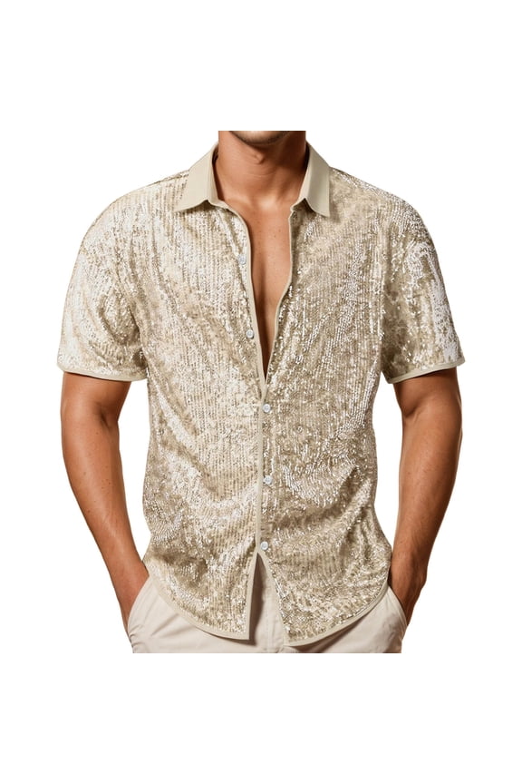Men's Shiny Sequin Button Up Shirt Regular Fit Short Sleeve Spread Collar Top Glamorous Party Nightclub Dress Blouse