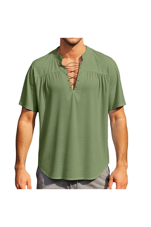 Men's Short-Sleeve Lace-Up Mandarin Collar Shirt Ruched Casual Boho Top Lightweight Daily Vacation Summer Wear