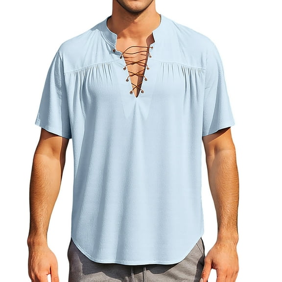 XIAONU Men's Short-Sleeve Lace-Up Mandarin Collar Shirt Ruched Casual Boho Top Lightweight Daily Vacation Summer Wear