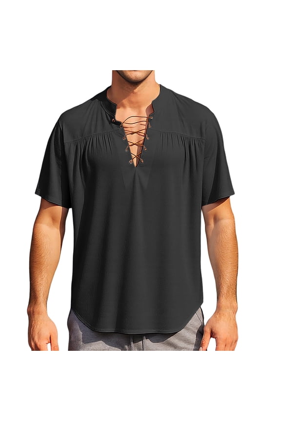 Men's Short-Sleeve Lace-Up Mandarin Collar Shirt Ruched Casual Boho Top Stylish Daily Festival Vacation Wear