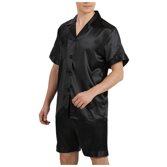 XIAONU Men's Silky Satin Pajama Set Loose Short Sleeve Notch Collar Loungewear Soft Luxe Sleep Pajamas