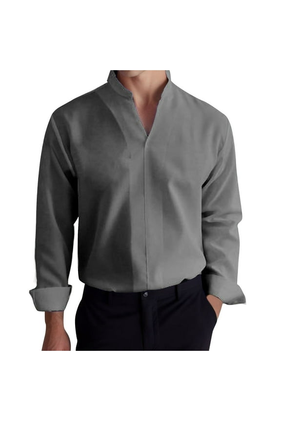 Men's Solid Color Casual Shirts Mandarin Collar Split Neck Tunic Resistant Minimalist Business Top