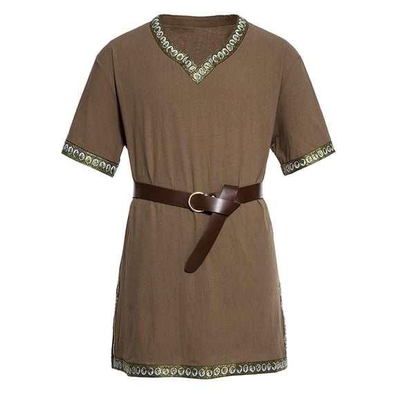 XIAONU Men's Solid Color Tunic Shirts V Neck Embroidered Trim Tunic Comfortable Historical Renaissance Top
