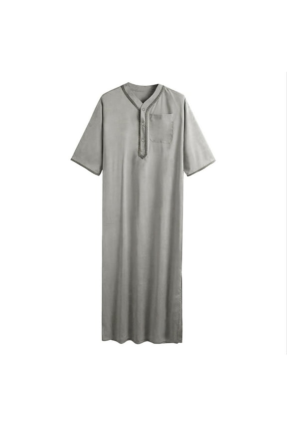 Men's Solid Color Thobe Robes Notch Neck Embroidered Trim Tunic Lightweight Modest Daily Prayer Top