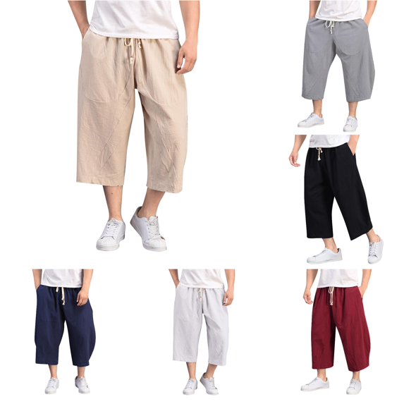 XIAONU Men's Solid Cropped Wide Leg Pants Drawstring Waist Patch Pockets Loose Fit Trousers