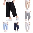 thumbnail image 1 of XIAONU Men's Solid Cropped Wide Leg Pants Drawstring Waist Patch Pockets Loose Fit Trousers, 1 of 4
