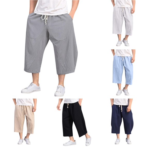 XIAONU Men's Solid Cropped Wide Leg Pants Drawstring Waist Patch Pockets Loose Fit Trousers