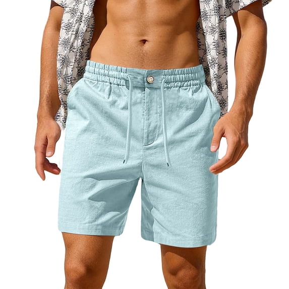 XIAONU Men's Solid Linen-Blend Short Relaxed Fit High Waisted Drawstring Mid Thigh Short Breathable Lightweight Beach Shorts