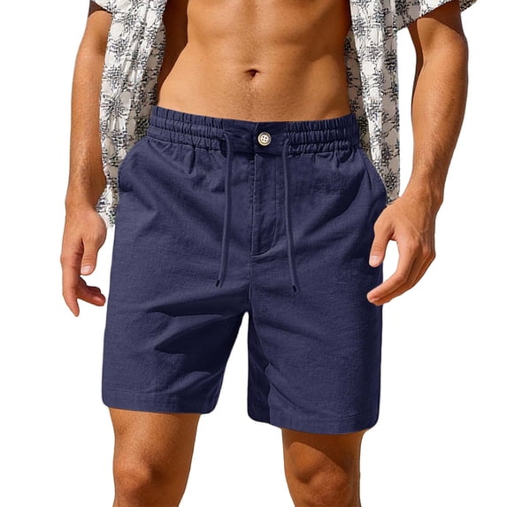 XIAONU Men's Solid Linen-Blend Short Relaxed Fit High Waisted Drawstring Mid Thigh Short Breathable Lightweight Beach Shorts