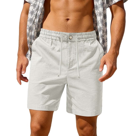 XIAONU Men's Solid Linen-Blend Short Relaxed Fit High Waisted Drawstring Mid Thigh Short Breathable Lightweight Beach Shorts