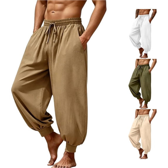 XIAONU Men's Solid Pants Elastic Waist Relaxed Fit Harem Trousers
