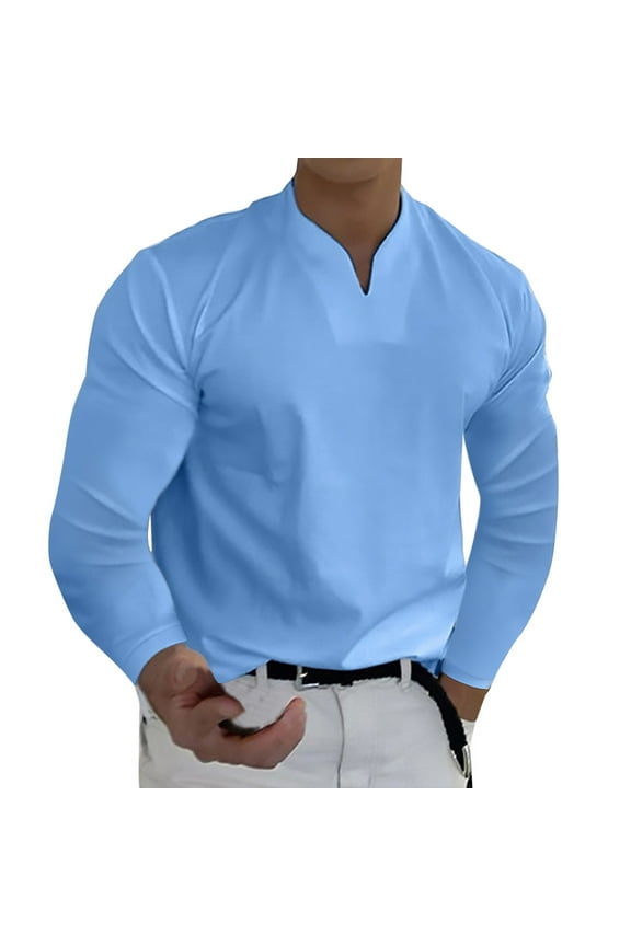 Men's Solid Split Neck Shirt Regular Fit Long Sleeve Split Neck Pullover Top Breathable Minimal Office Top