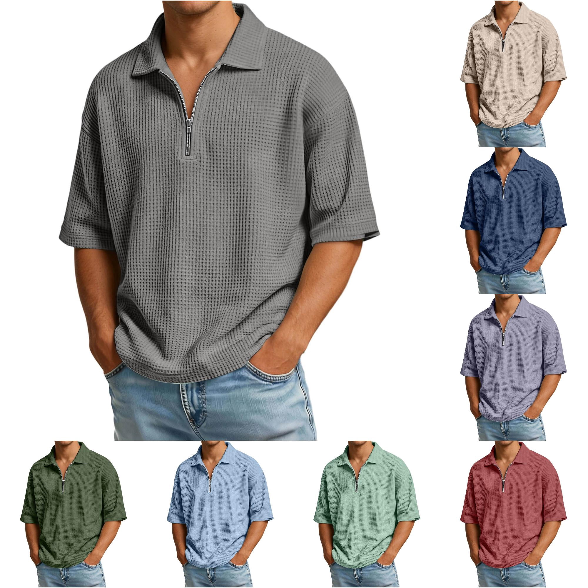 トップス  WAFFLE SHORT SLEEVE POLO XIAONU Men's Solid Waffle Polo Shirt Half Zip Short Sleeve