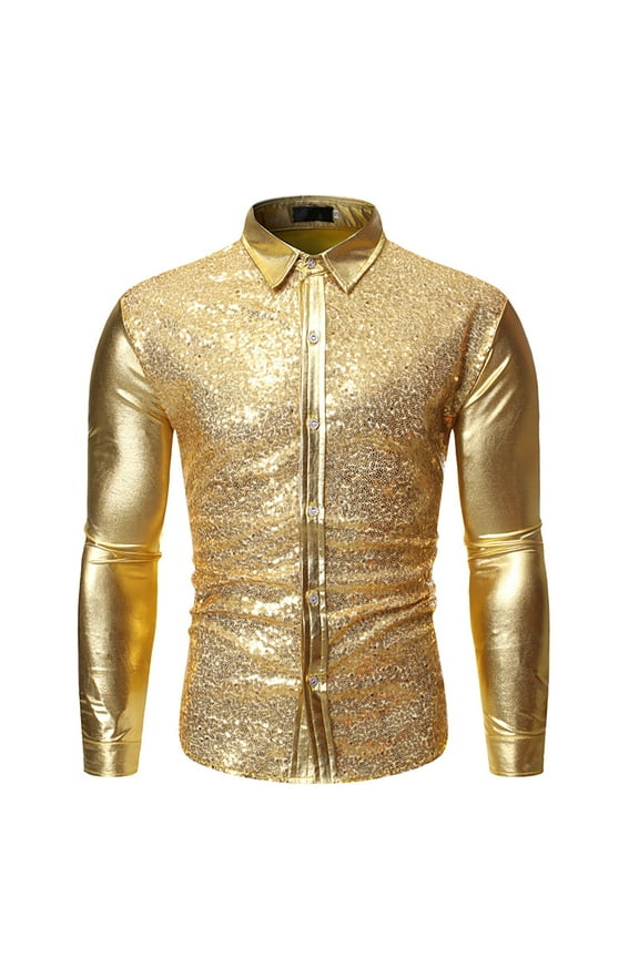 Men's Sparkly Sequin Dress Shirts Slim Fit Leather Sleeve Button Down Top Clubwear Evening Shirt