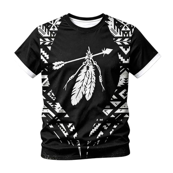 XIAONU Men's Tribal Arrow Feather Print Tee Contrast Crew Neck Short Sleeve Top Gym Walk Shirt