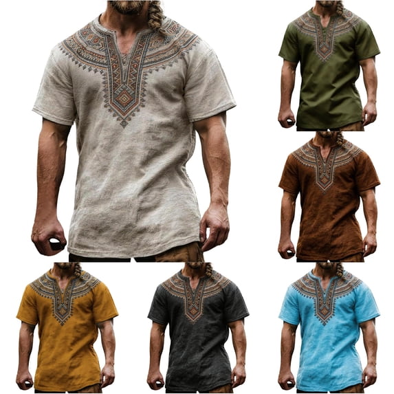 XIAONU Men's Tribal Print Notch Neck Short Sleeve Shirt Geometric Pattern Regular Fit Daily Casual Tunic Top