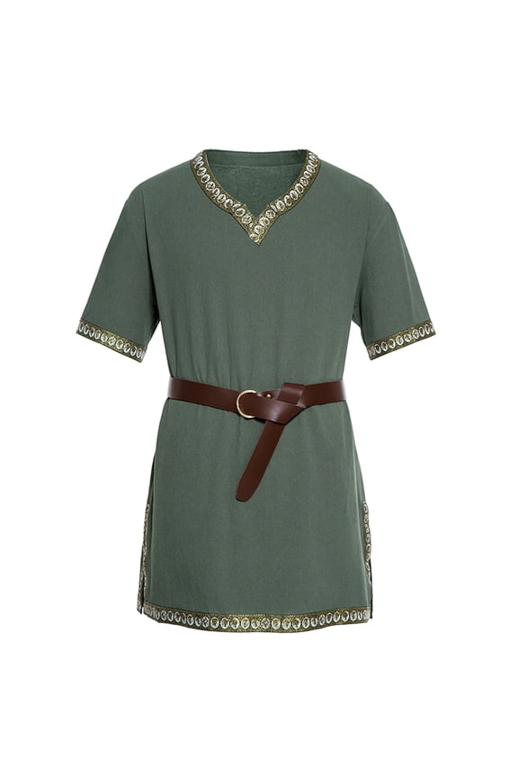 Men's Trimmed Medieval Tunic Short Sleeves V Neck Belted Tunic Lightweight Vintage Renaissance Tunics