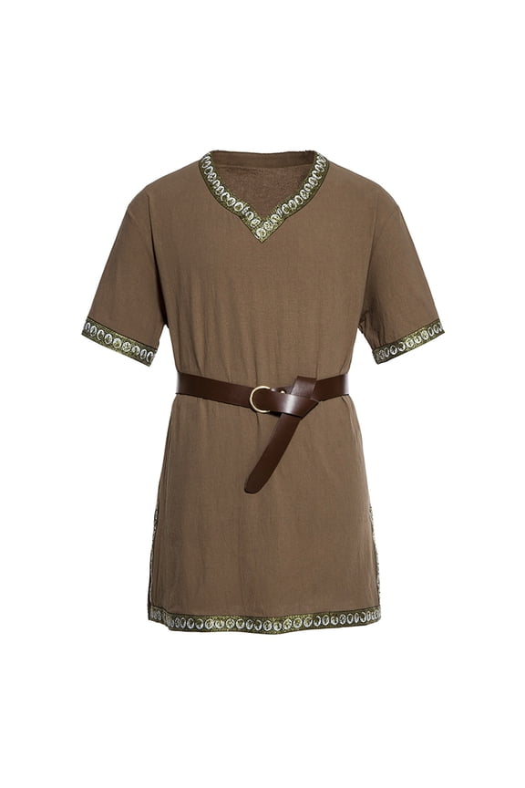 Men's Trimmed Medieval Tunic Short Sleeves V Neck Belted Tunic Lightweight Vintage Renaissance Tunics