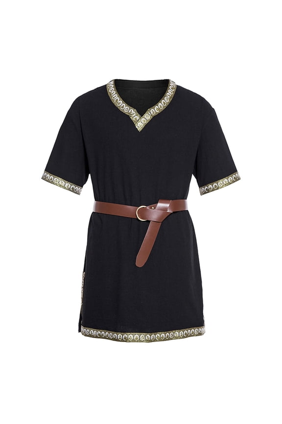Men's Trimmed Tunic Short Sleeves V Neck Belted Tunic Lightweight Vintage Renaissance Tunics