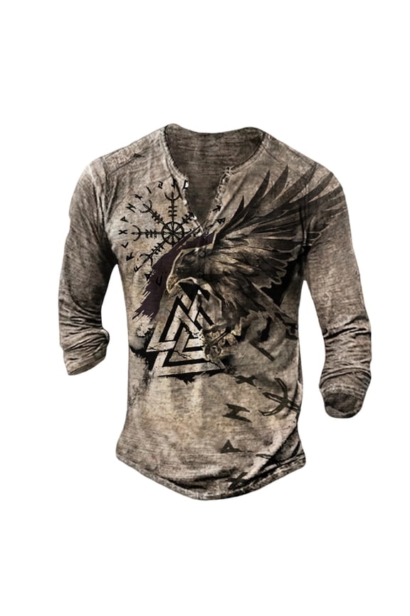 Men's Viking Raven Valknut Graphic Tees Henley Neck Long Sleeve Top Vintage Casual Daily Wear Shirt