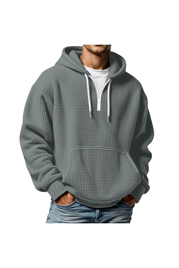 Men's Waffle Knit Hoodie Half-Zip Pullover Hoodie with Kangaroo Pocket Oversized Casual Comfortable Hooded Sweatshirt