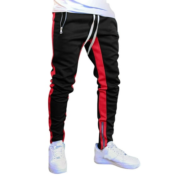 XIAONU Men's Zip-Accent Jogger Pants Elastic Waist Slim-Fit Trousers Streetwear Casual Daily Wear Pant