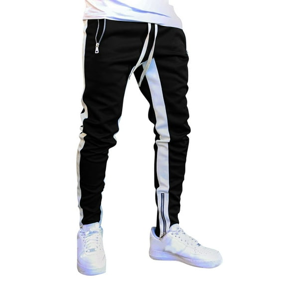 XIAONU Men's Zip-Accent Jogger Pants Elastic Waist Slim-Fit Trousers Streetwear Casual Daily Wear Pant