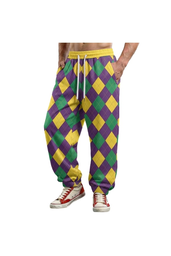 Mens Argyle Print Joggers Relaxed Fit Full Length Drawstring Waist Bottoms Soft Festive Parade Bottoms