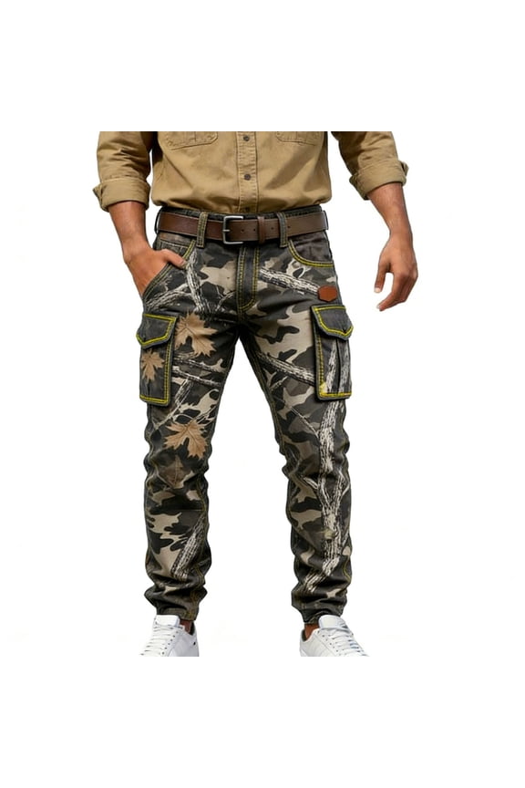 Mens Camo Leaf Print Pant Slim Straight Leg High Waisted Ankle Cargo Pant Durable Tactical Outdoor Pants