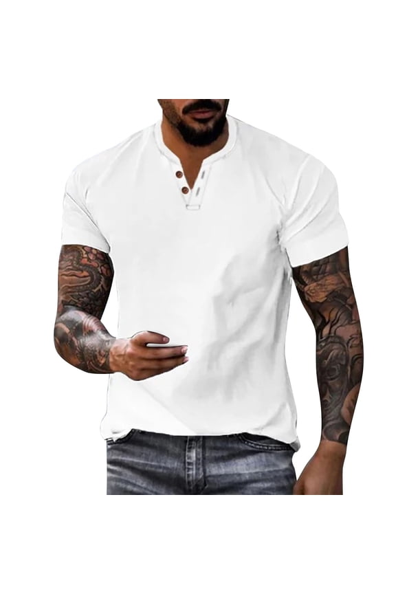 Mens Casual Henley T Shirt Slim Fit Button Notch Neck Short Sleeve Top Everyday Streetwear Solid Tee