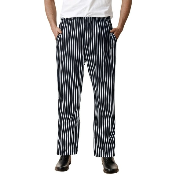 XIAONU Mens Chef Pants Elastic Waist Straight Leg Striped Trousers With Pockets For Kitchen Restaurant Workwear