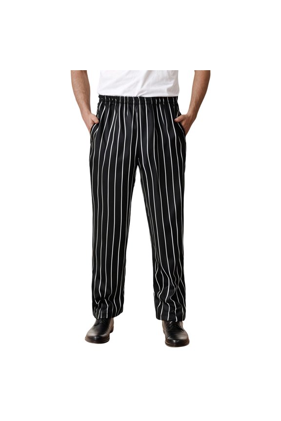 Mens Chef Pants Elastic Waist Straight Leg Striped Trousers With Pockets For Kitchen Restaurant Workwear