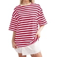 thumbnail image 1 of XIAONU Mens Contrast Collar Striped T-Shirt Oversized Short Sleeve Crew Neck Pullover Tee Soft Retro Casual Tees, 1 of 3