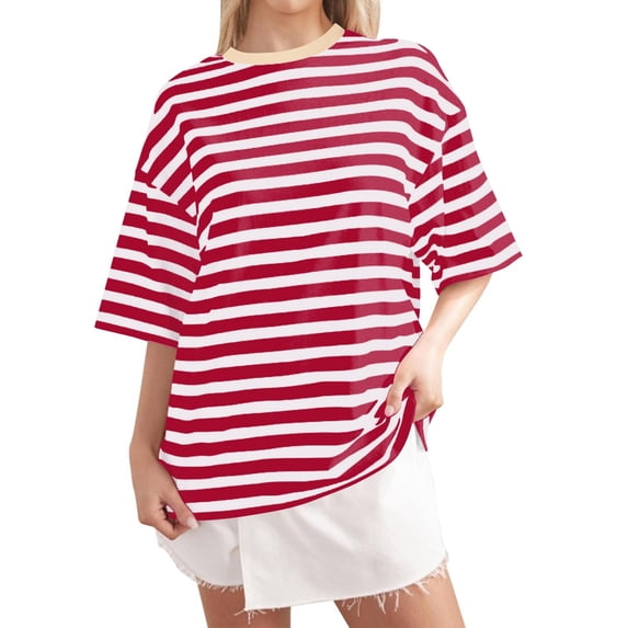 XIAONU Mens Contrast Collar Striped T-Shirt Oversized Short Sleeve Crew Neck Pullover Tee Soft Retro Casual Tees