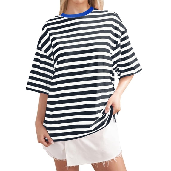 XIAONU Mens Contrast Collar Striped T-Shirt Oversized Short Sleeve Crew Neck Pullover Tee Soft Retro Casual Tees