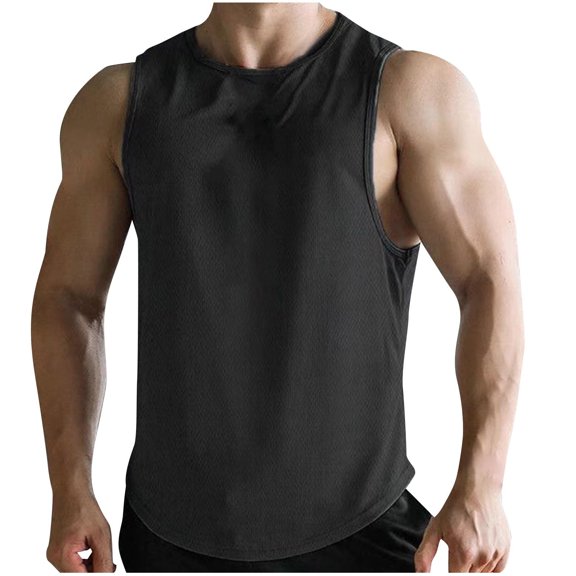 XIAONU Mens Curved Hem Tank Sleeveless Crewneck Shirt Solid Color Breathable Athletic Gym Workout Tops