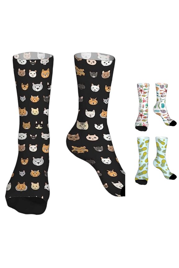 Mens Cute Cat Head All Over Print Crew Socks Work