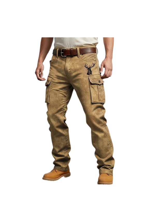 Mens Deer Embroidered Cargo Pants Relaxed Fit Full Length Belted Trousers Durable Rugged Hunting Bottoms