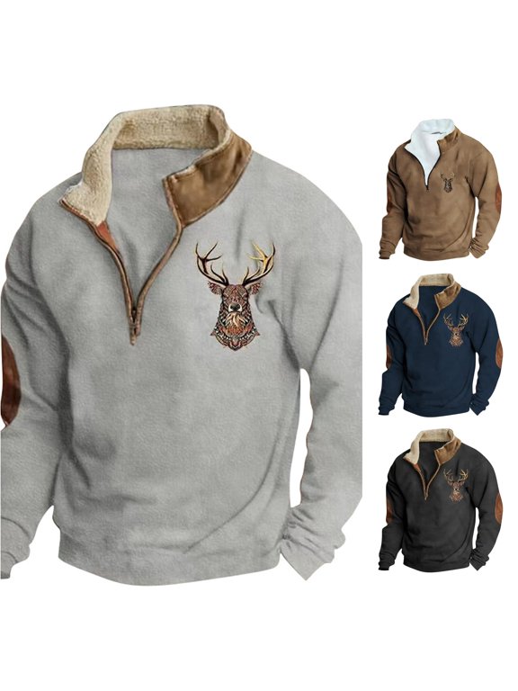 Mens Deer Embroidery Quarter Zip Sweatshirt Regular Fit Elbow Patch Outdoor Hunting Pullover Top