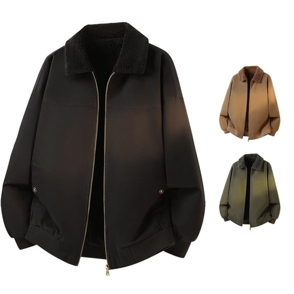 XIAONU Mens Lined Turn-Down Collar Zip Jacket Straight Winter Daily Outer Coat
