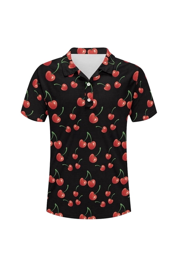 Mens Floral Cherry Print Polo Shirt Short Sleeve Polo Neck Button Up Shirt Breathable Sweet Casual Polos