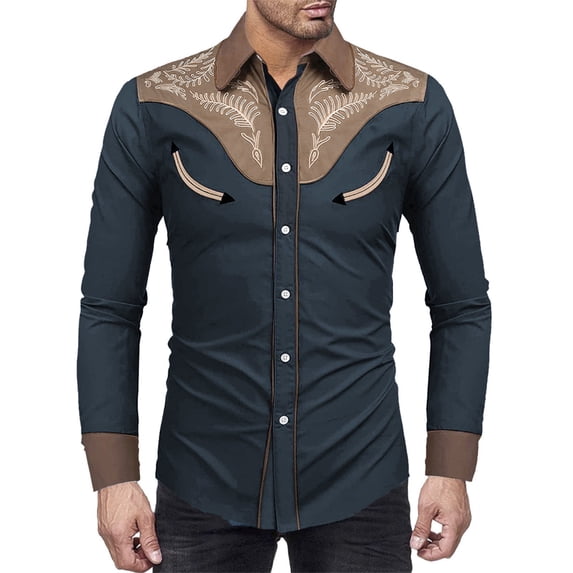 XIAONU Mens Floral Embroidered Shirt Slim Long Sleeve Western Collar Button Down Smooth Retro Outdoor Shirts Blouses