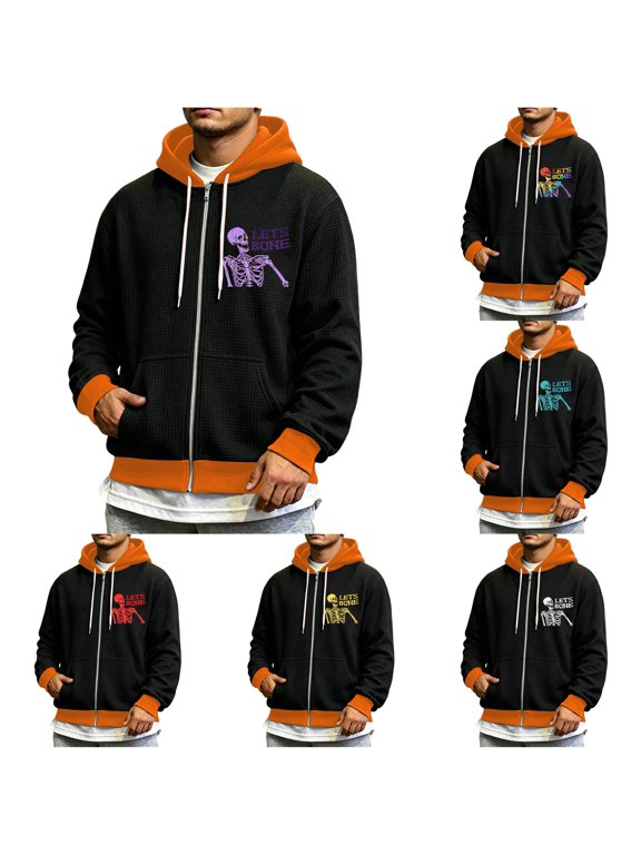 Mens Full-Zip Hoodies Halloween Lets Bone Skeleton Graphic Hooded Sweatshirt Funny Drawstring Zip Up Hoodie